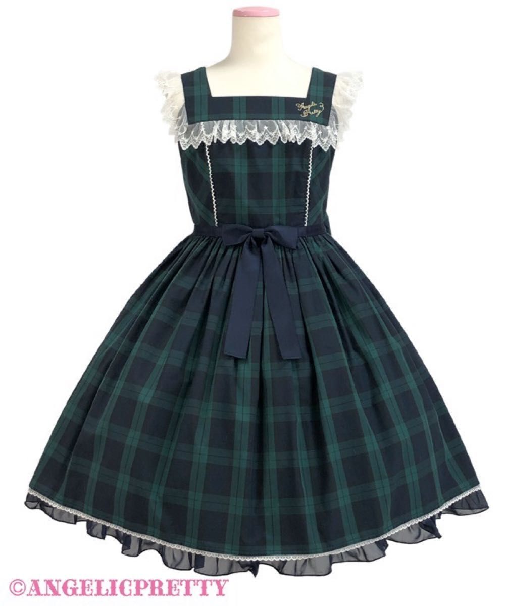 Preview of Angelic Pretty Campus JSK with headband, green tartan check, autumn collection, lolita fashion.