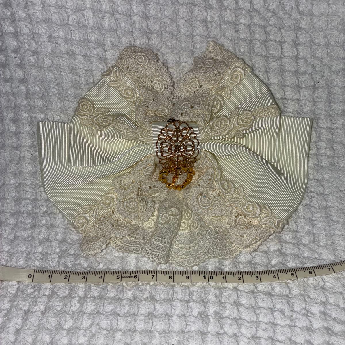Preview of Brand new BABY, THE STARS SHINE BRIGHT Lolita-style large lace ribbon barrette in ivory with gold charm.