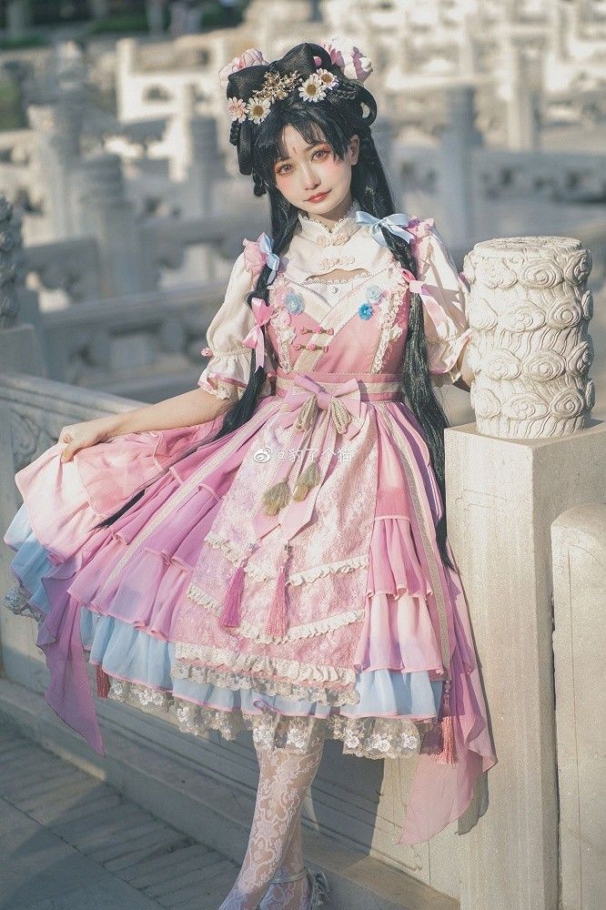 Preview of Hana Lolita Sakura Peach Blossom Tiered Chiffon Lolita JSK