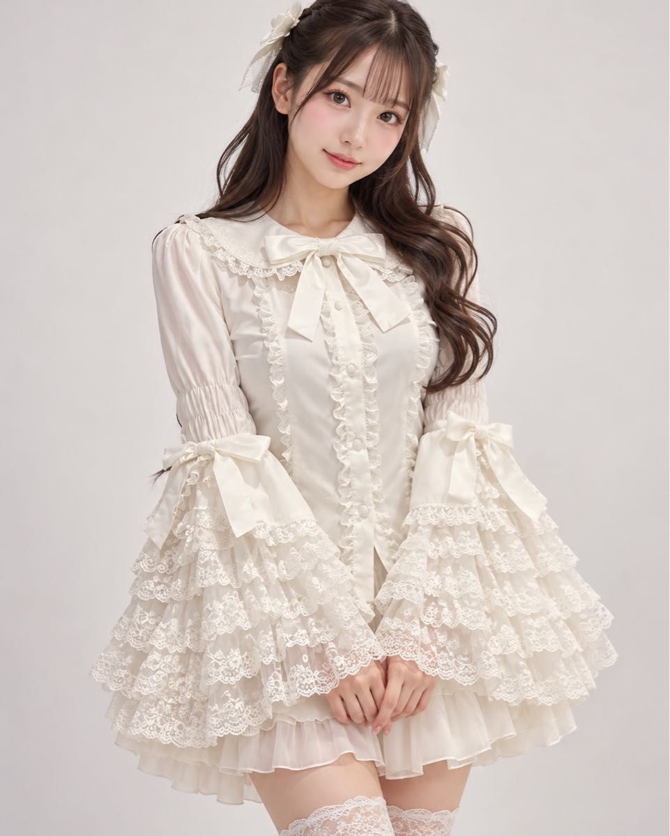 Preview of ★新品★ Mサイズ ゴシックロリータ 長袖ブラウス レースフリル リボン付き ホワイト フリルブラウス