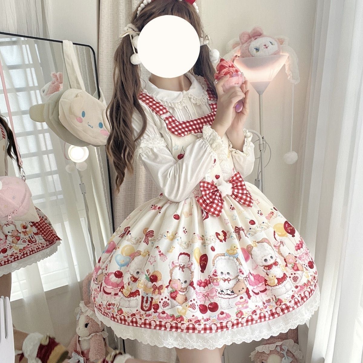 Preview of 【最後1点】Mサイズ ロリータ ジャンパースカート 甘ロリ うさぎ柄 赤チェック リボン フリル