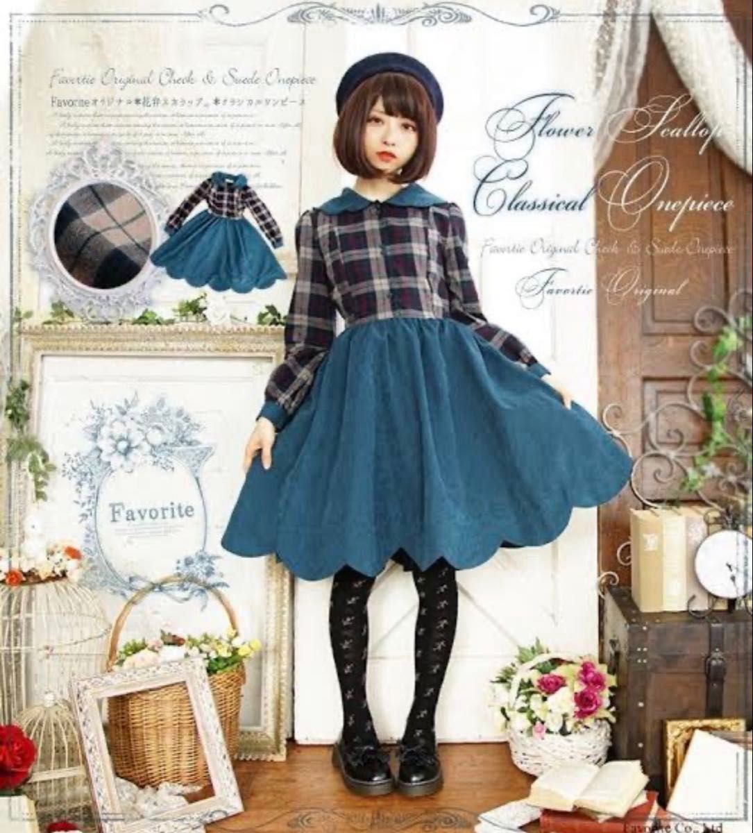 Preview of Favorite オリジナル フラワースカラップ レトロ グリーン チェック ワンピース