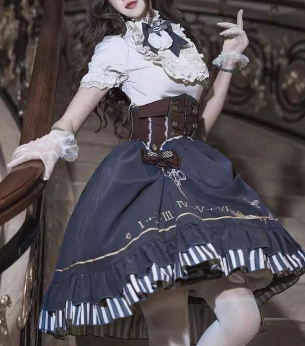 Preview of Sサイズ ゴシック ロリータ ワンピース ドレス クラロリ 時計柄 ネイビー