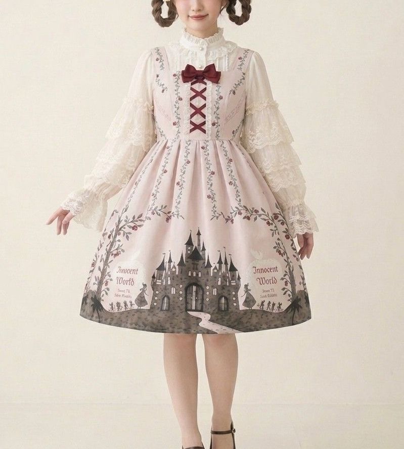 Preview of Nostalgic Innocent World Castle Pattern Snow White and Red Apple Jumper Skirt Pink JSK