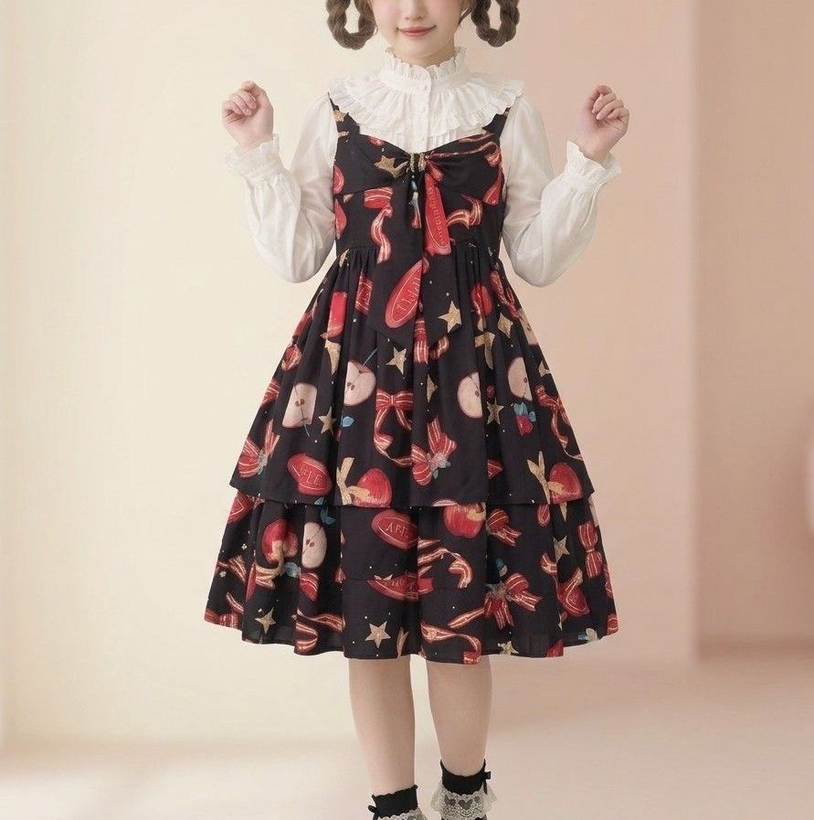 Preview of Nostalgic apple ribbon star overseas lolita dress JSK black red frill lolita tiered