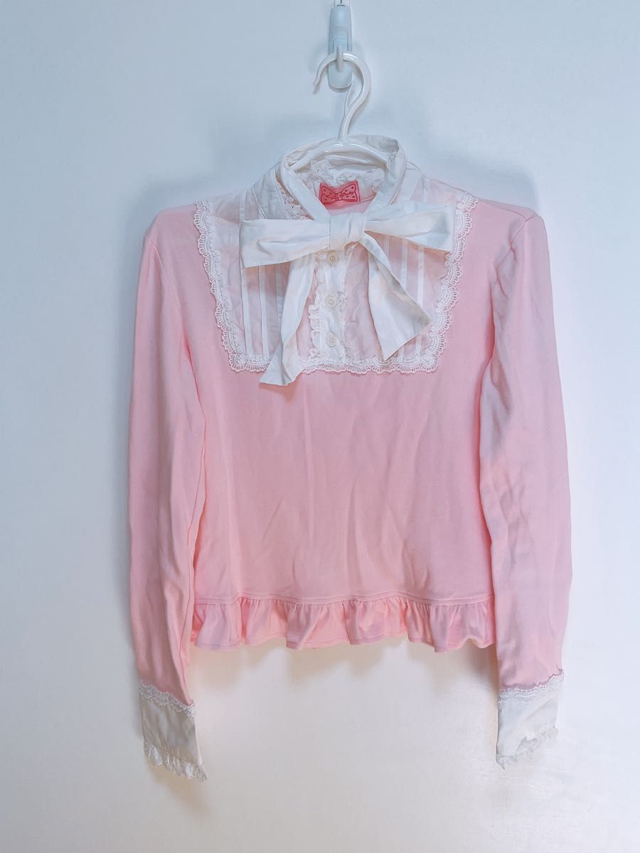 Preview of Angelic Pretty Long-Sleeved Cut and Sew Top with Ribbon Tie, Pink