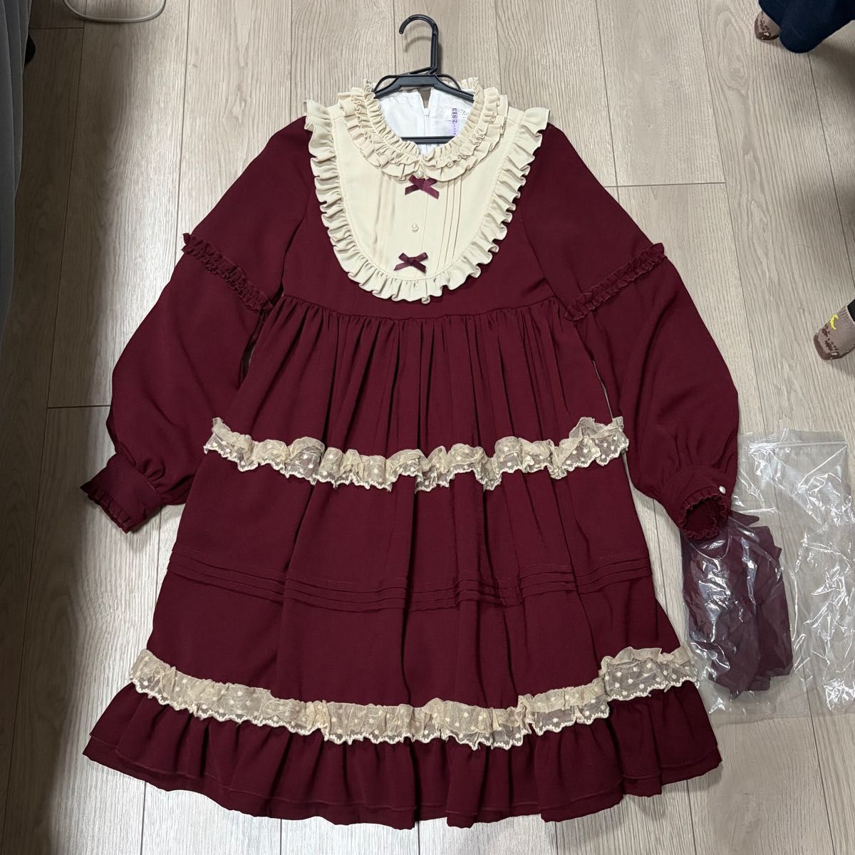 Preview of ロリータ ワンピース ボルドー レッド フリル レース 長袖