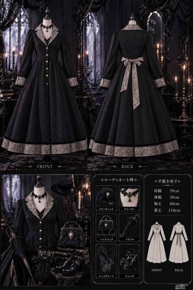 Preview of ゴシック ロリータ ワンピースコート ロングコート ジャケット ドレス 黒 クラロリ ゴスロリ