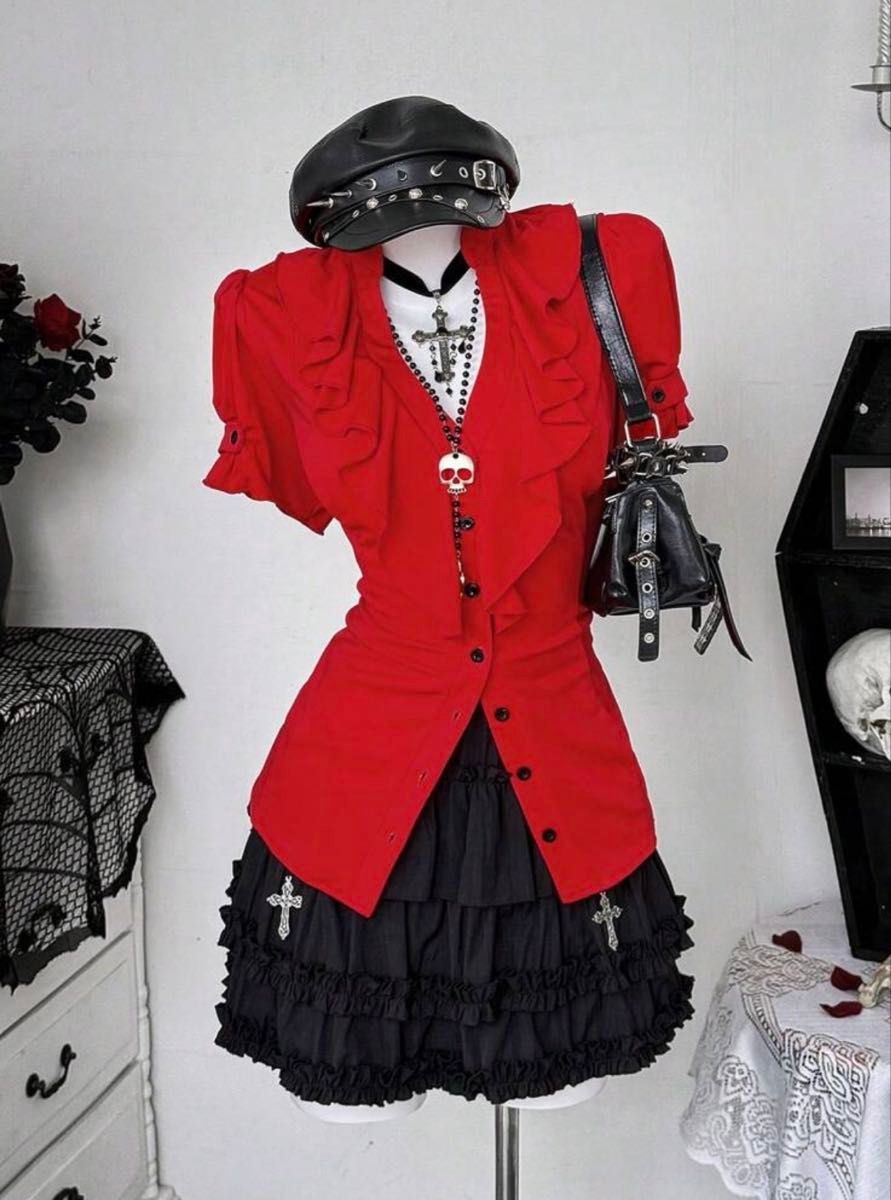 Preview of ハロウィン ゴスロリ ブラウス シャツ LL 赤 フリル 半袖☆新品 ゴシック