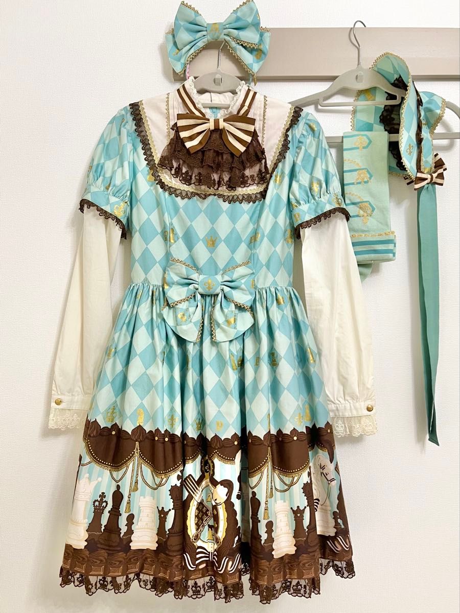 Preview of Angelic Pretty [Chess Chocolate Dress/Headband/Bonnet/Over-the-Knee Sneakers] Mint