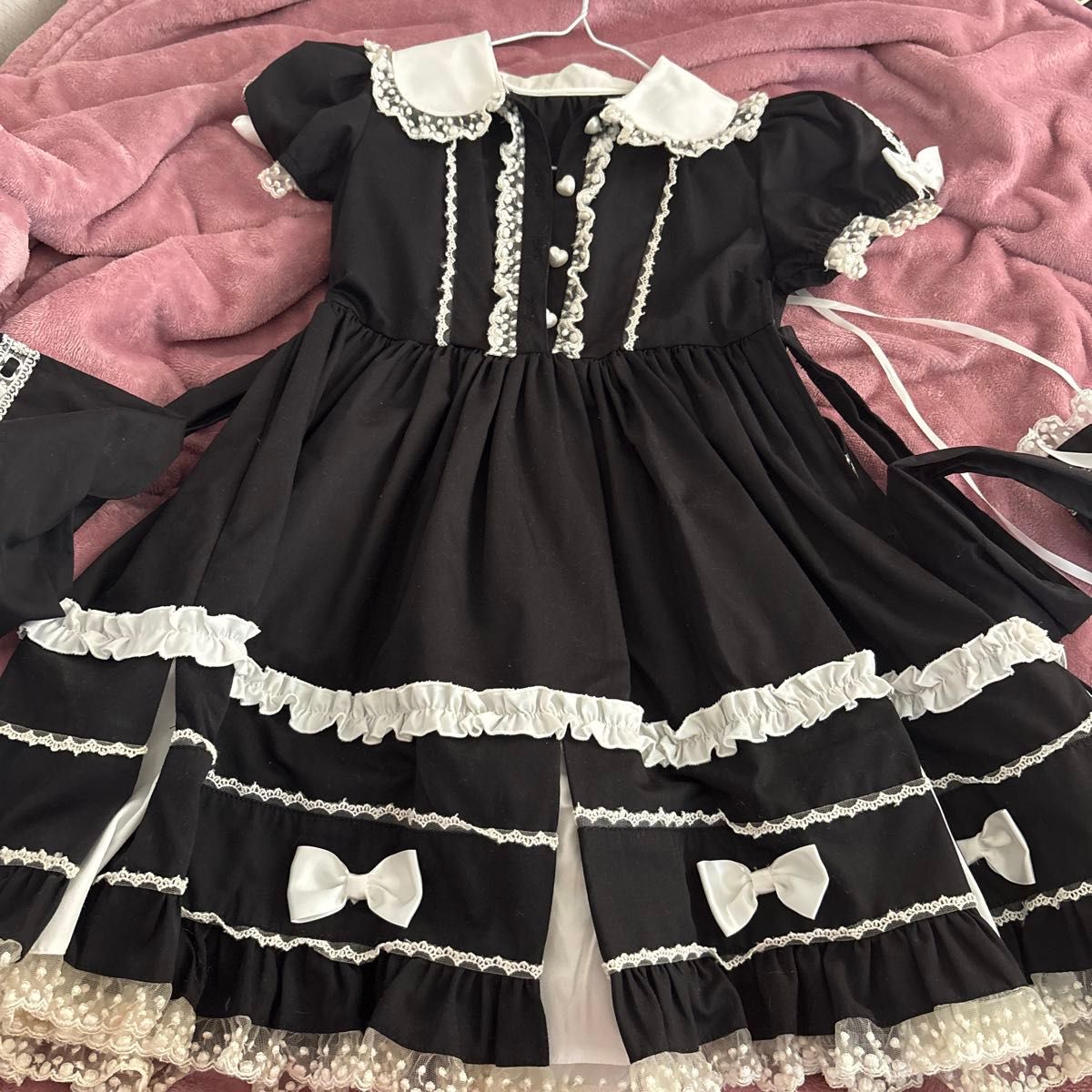 Preview of ロリータ ワンピース 黒白 フリル リボン 半袖 パフスリーブ 130