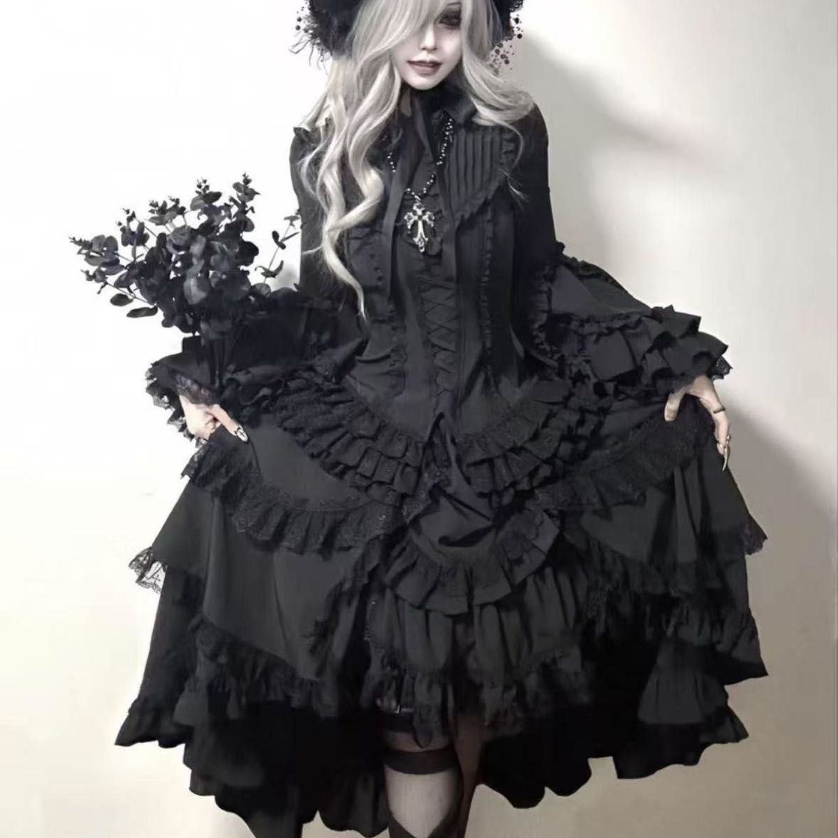Preview of 上下セット ゴスロリ ロリータ ゴシック衣装 姫袖ブラウス スカート 地雷系 2点セット 黒 ブラック フリル レース