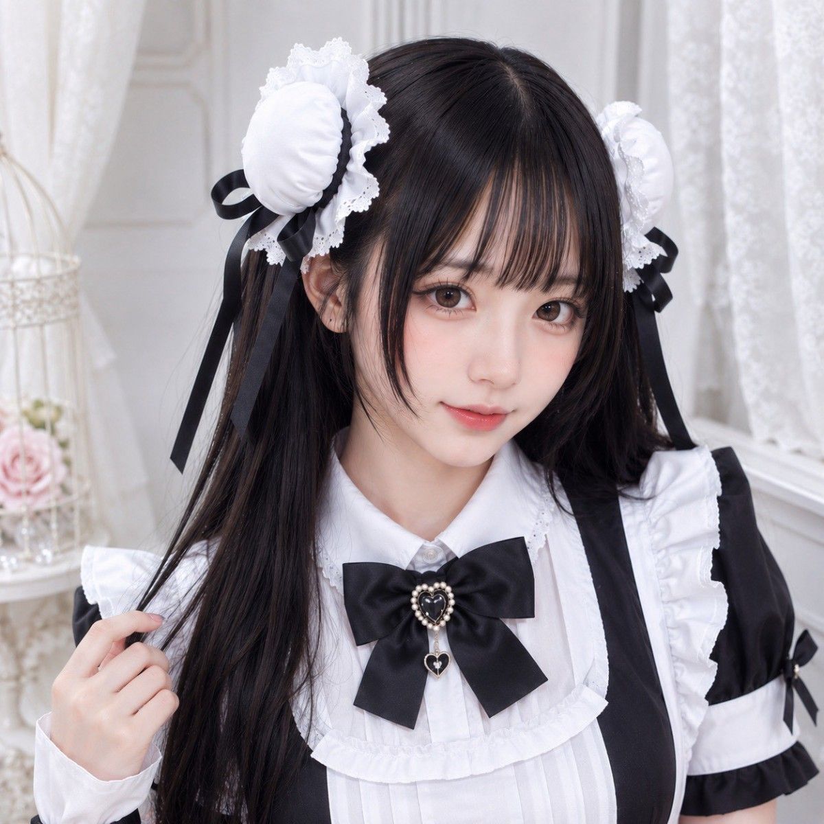 Preview of ロリータ ヘッドドレス レース リボン お団子ヘア お団子 ブラック ホワイト