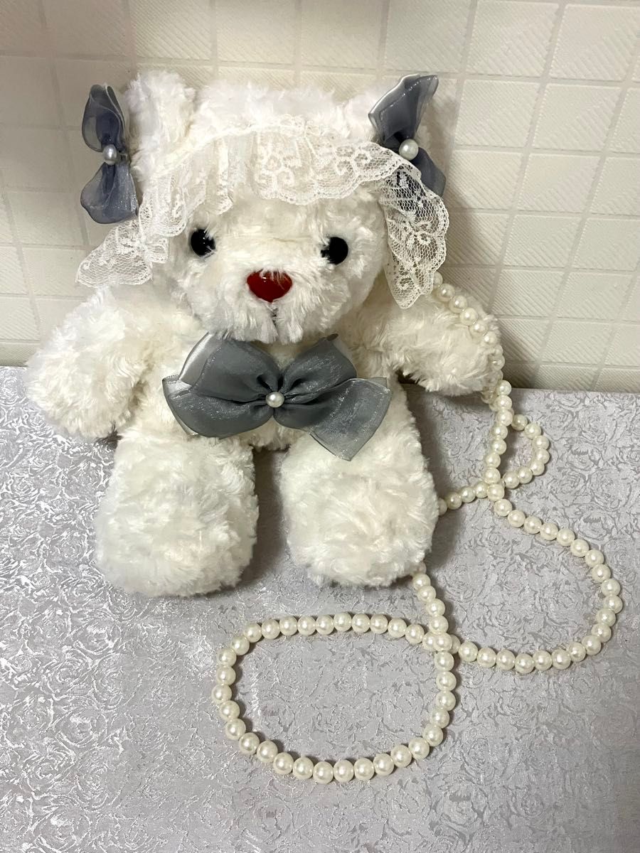 Preview of ロリータ 白くま ぬいぐるみバッグ パールストラップ付き ポシェット