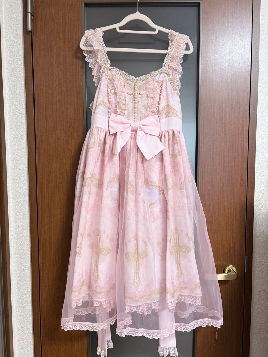 Preview of Angelic Pretty Celestial JSK (Jumper Skirt) - Pink, Cross Pattern, Lace Frill, Ribbon