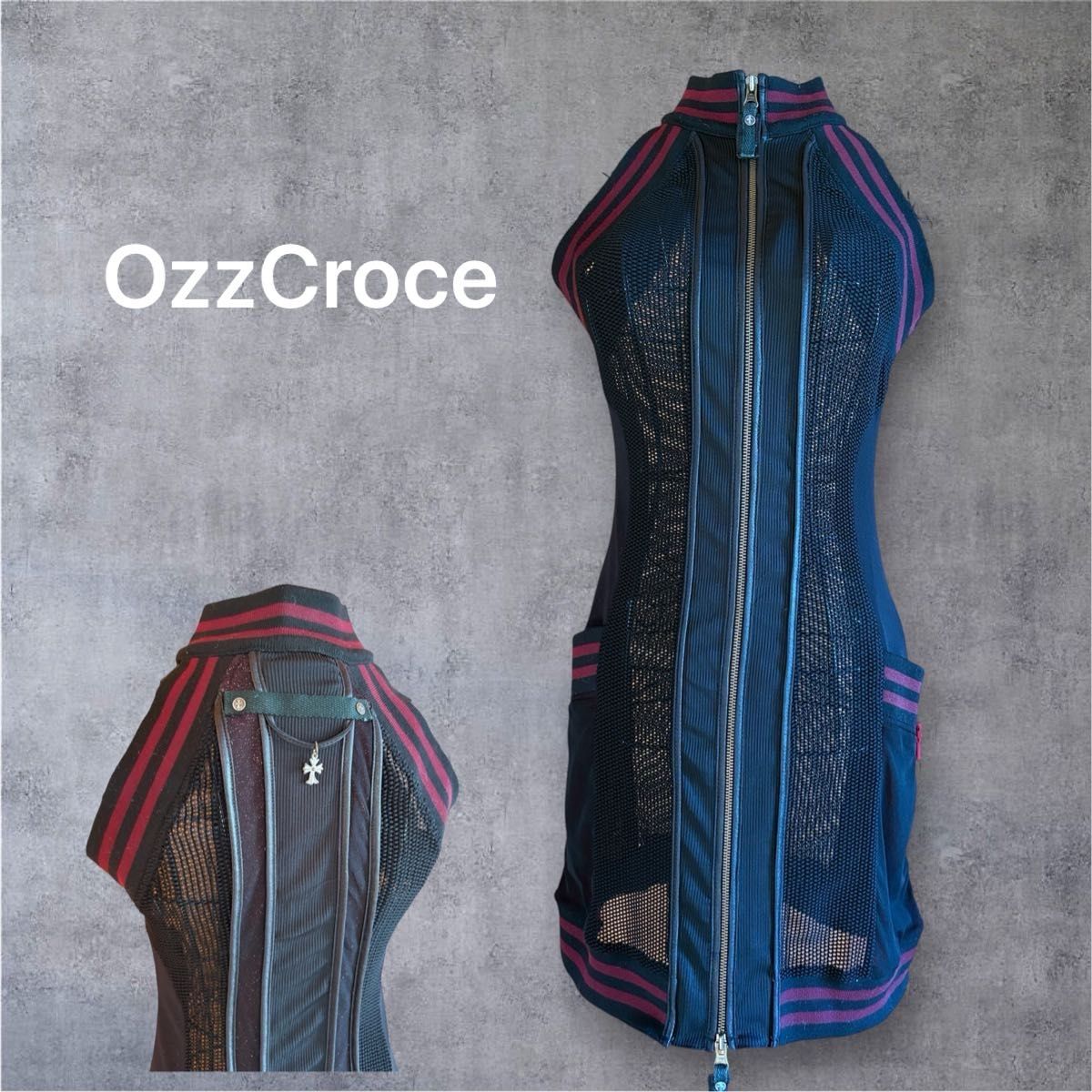 Preview of 【OzzCroce 】オッズオン フロントダブルジップ メッシュ トップス ワンピース ブラック×レッド クロスチャーム