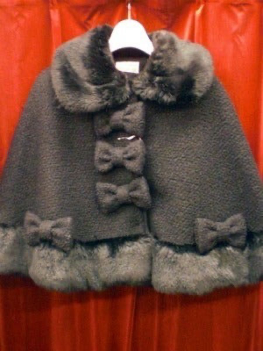 Preview of Baby the Stars Shine Bright Ribbon-Attached Fur Cape Poncho Coat, Black