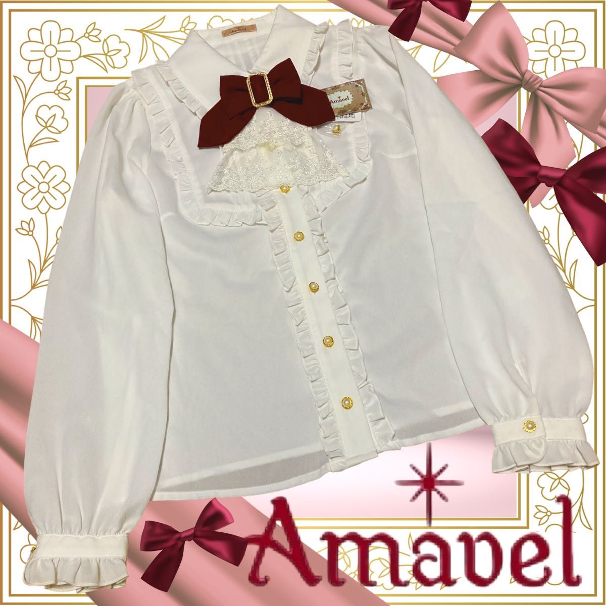 Preview of White long-sleeved blouse with Bordeaux ribbon jabot / Amabel / Lolita mass-produced style / Classic / Princess style / White frill lace
