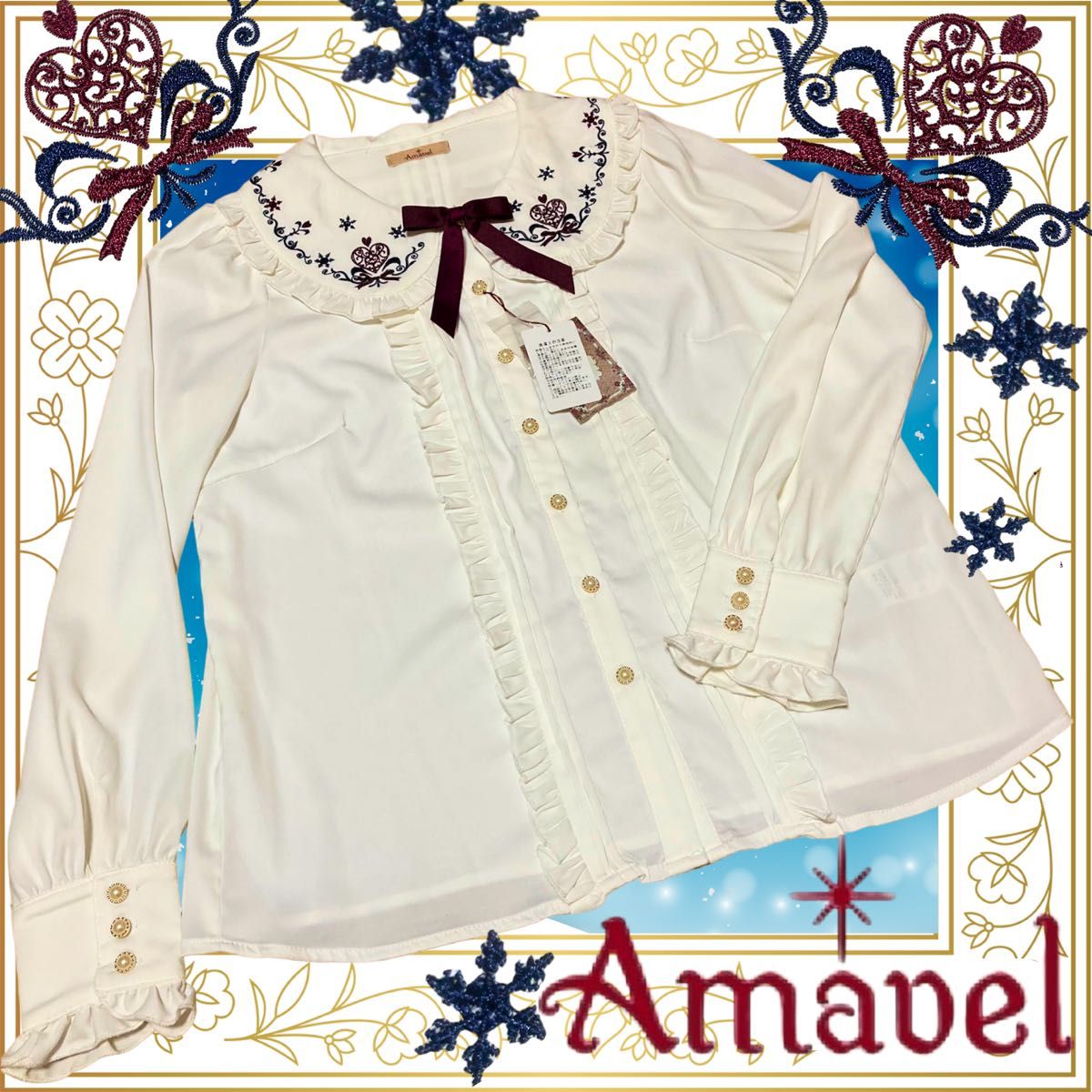 Preview of アマベル/雪の女王ブラウス/新品/ロリィタ/量産型地雷系/プリンセス/お嬢様姫系/ホワイト/ブルー/紺/ネイビー/タグ付新品襟付き