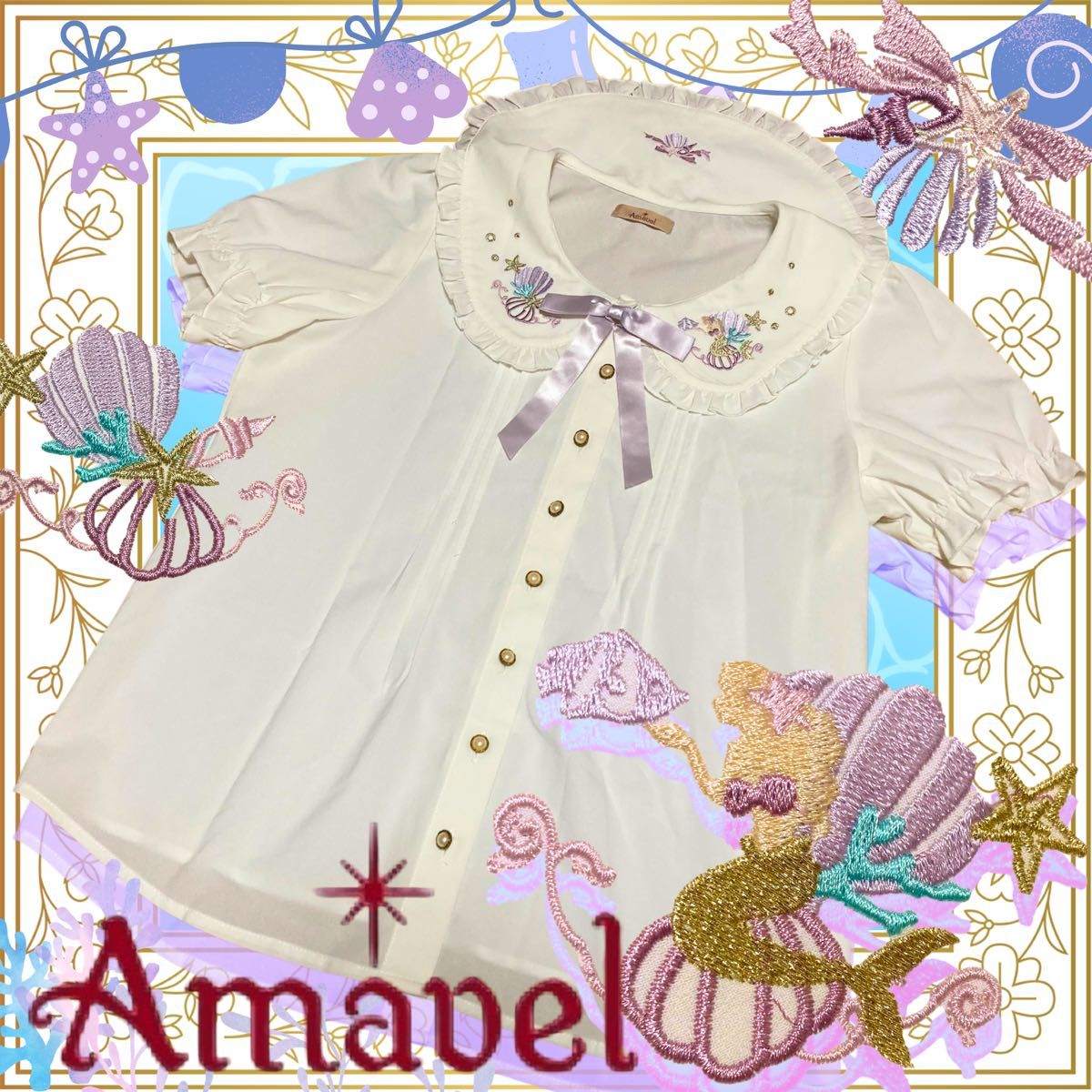 Preview of Amabel/Mermaid Embroidered Short-Sleeved Blouse/Mermaid Princess/amabel/Mass-Produced Landmine Style/Lolita/Summer Clothes/Girly/Ribbon Pin/White Shirt Seashell