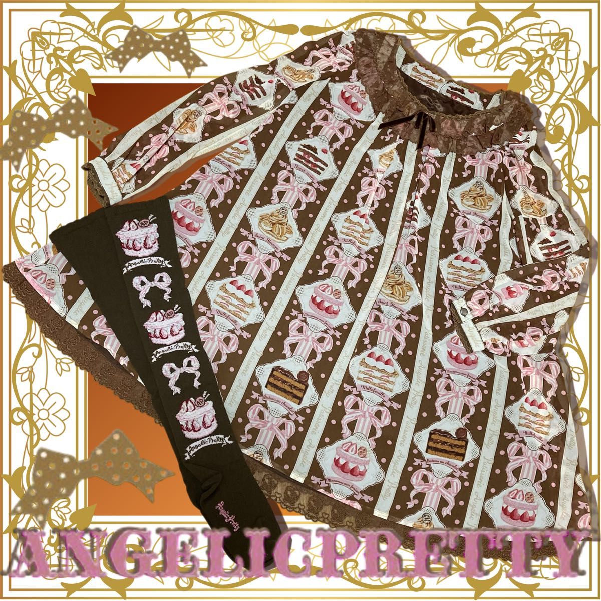 Preview of Petit Patisserie Series Dress + Socks / Angelic Pretty / Brown / Cake / Dessert / Lolita / A-line Frill Lace
