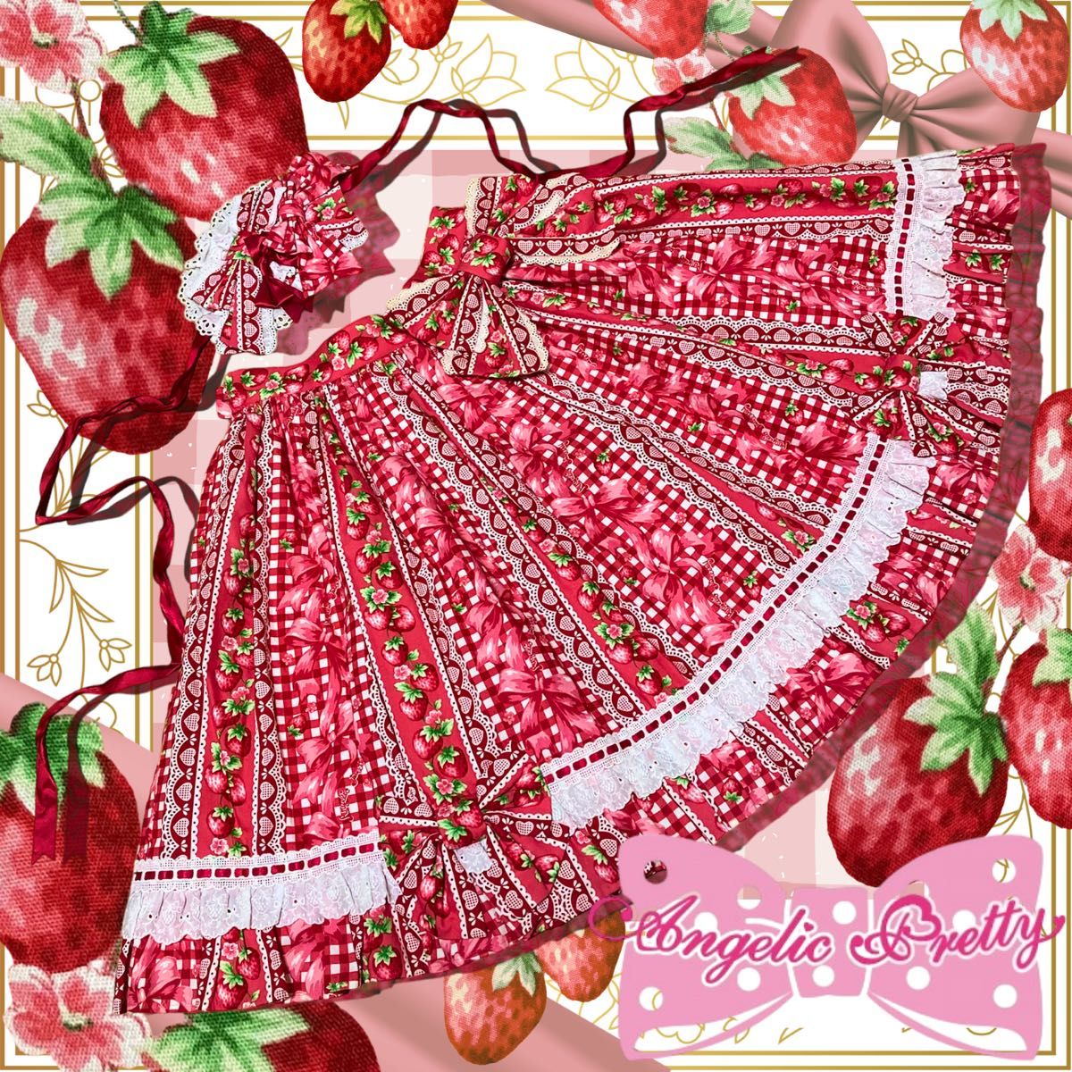 Preview of Sweet Ribbon Strawberry Skirt + Canotier / Angelic Pretty / Lolita / Retro Red