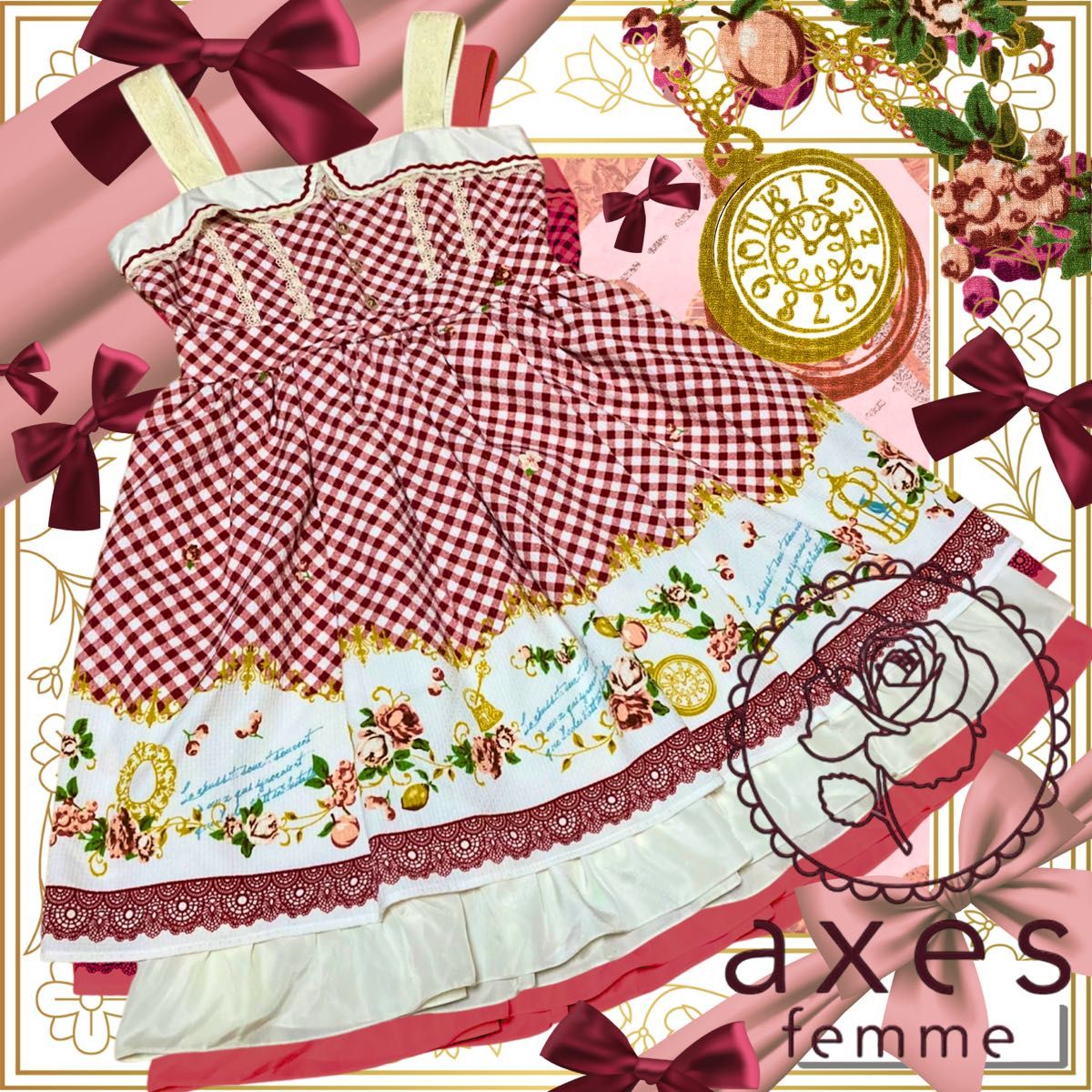 Preview of Gingham check pocket watch and birdcage JSK / Axes Femmes / Lolita / axes femmes / Jumper skirt / Sleeveless dress Red