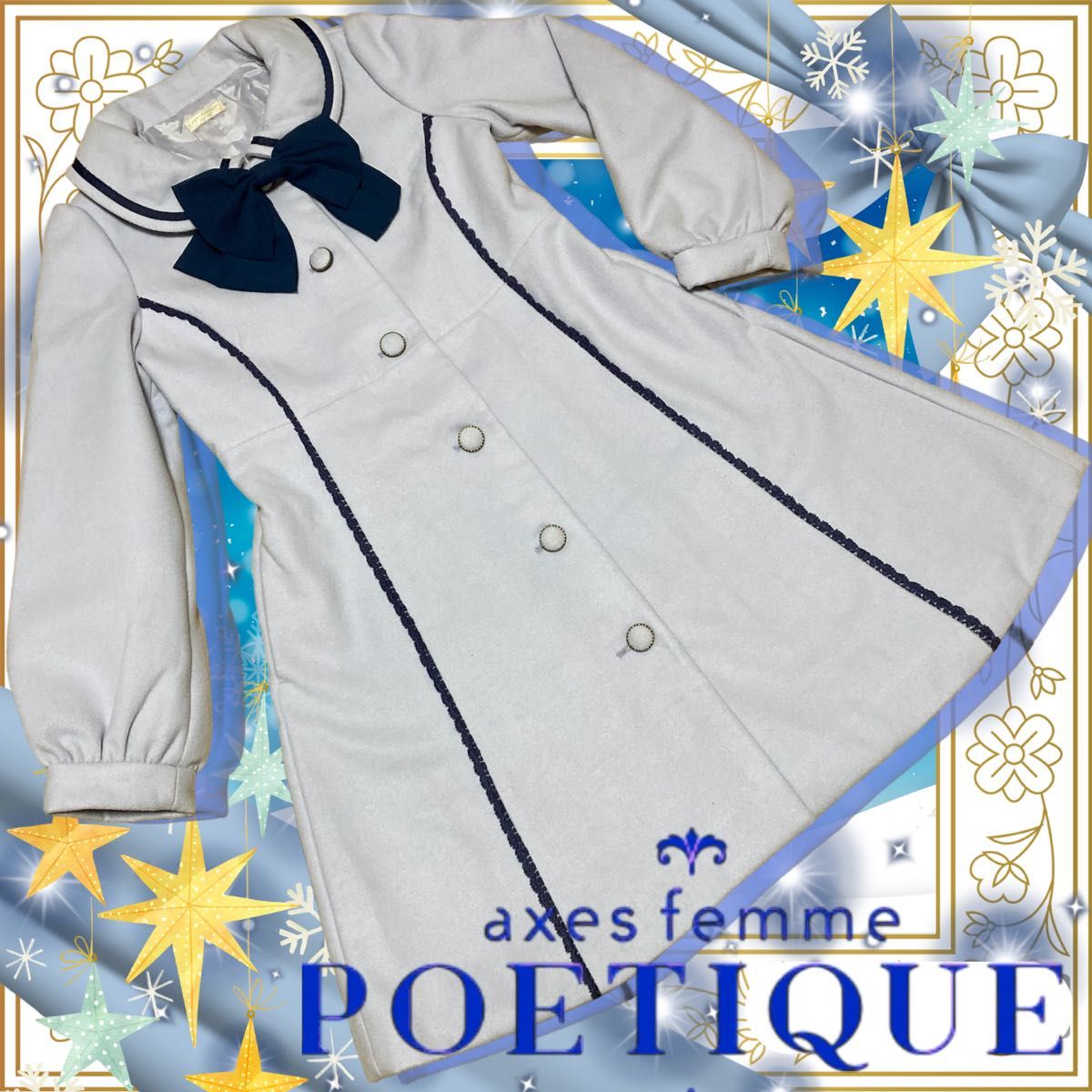 Preview of axesfemme POETIQUE / Ribbon Tie Saxophone x Navy Long Coat / Lolita / Mass-Produced Princess Style Axes Femme Poetic