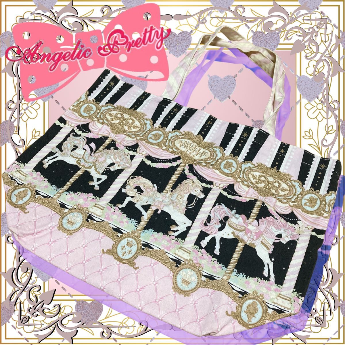 Preview of Angelic Pretty/Daydream Carnival Tote Bag/Black/Lolita/Unicorn/Pegasus/Merry-go-round