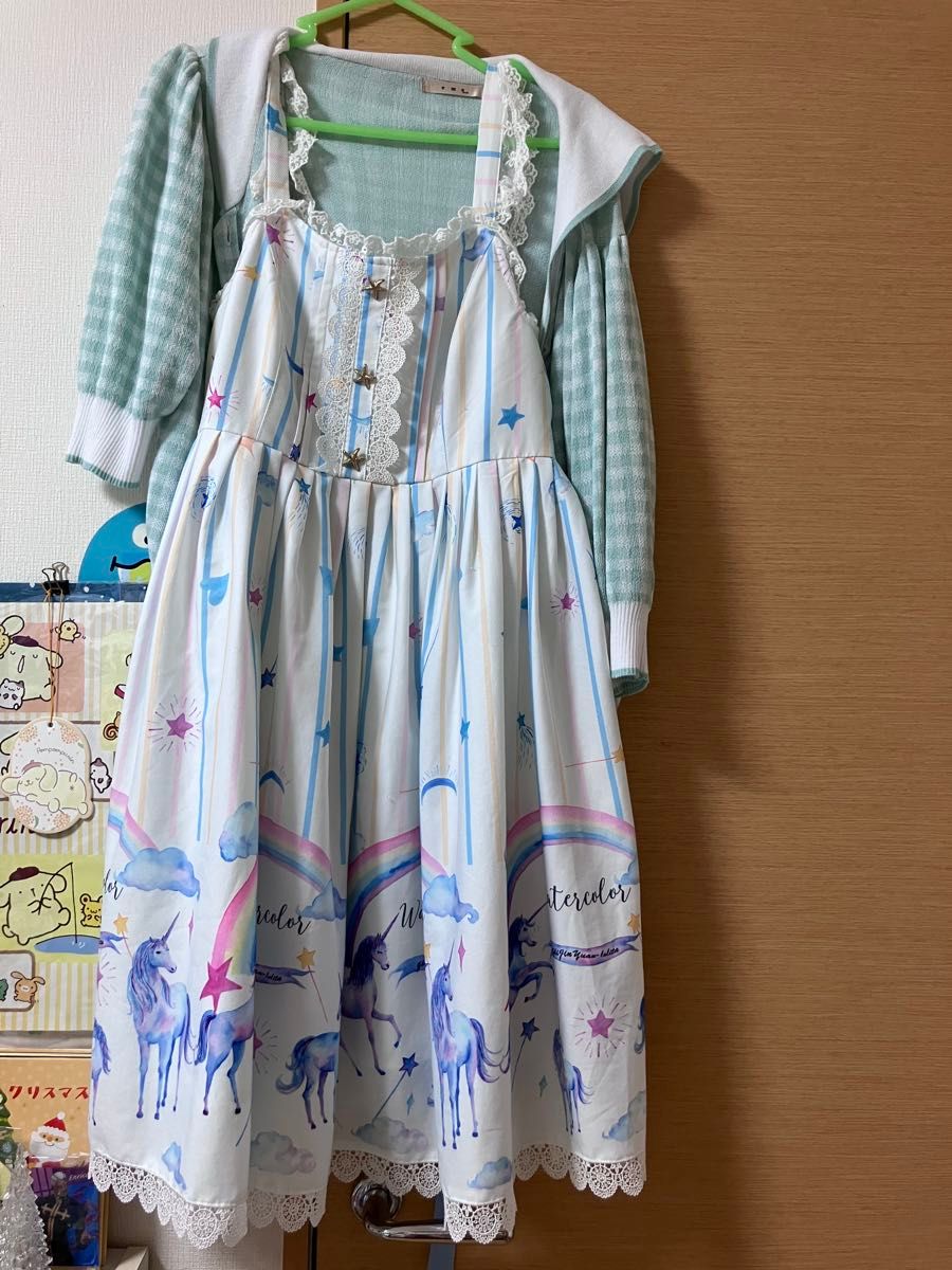 Preview of ゆめかわ ユニコーン柄 リボン付きジャンパースカート ロリータ ワンピース kawaii おまけ付き