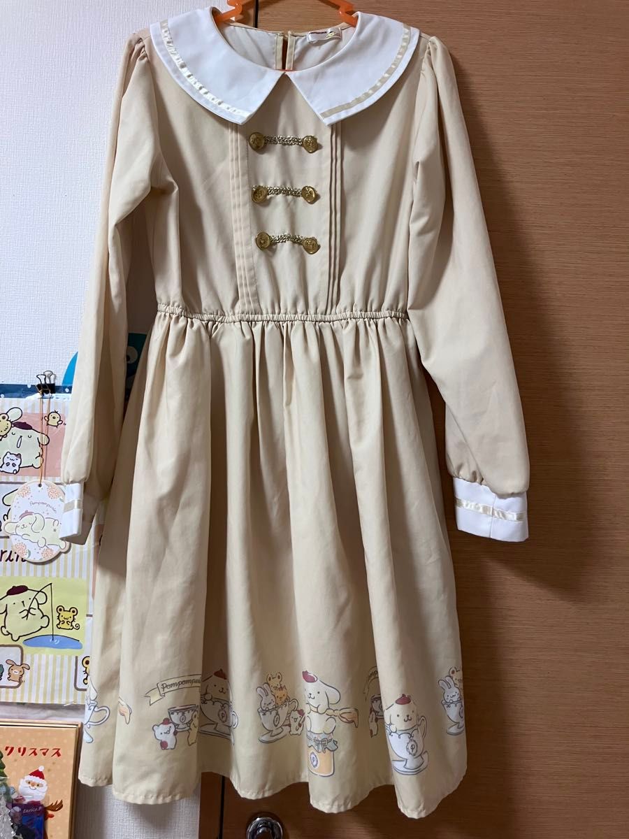 Preview of sanrioポムポムプリン ワンピース ロリータ風 イエロー 長袖 丸襟