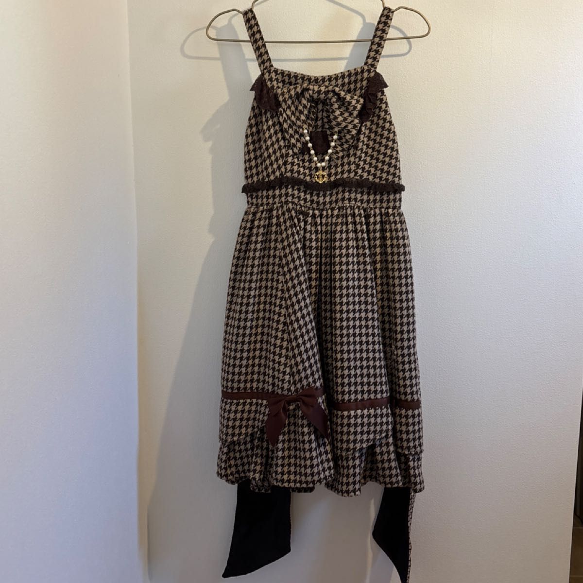 Preview of BABY, THE STARS SHINE BRIGHT Houndstooth Pattern Jumper Dress Brown