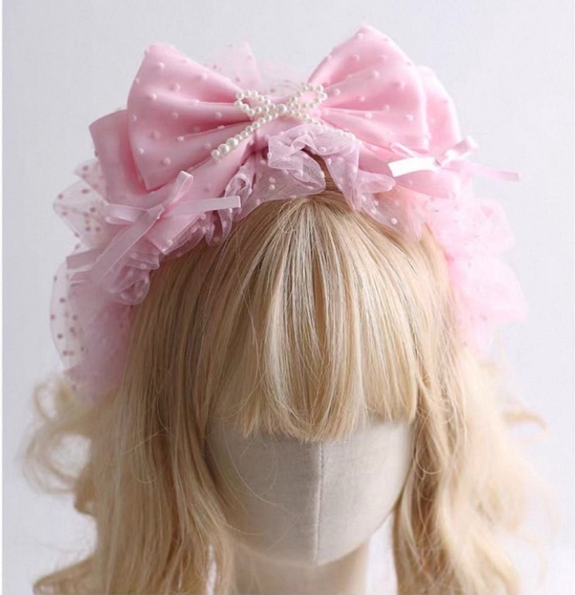 Preview of ピンク ドット リボン カチューシャ ヘッドドレス かわいい ロリータ チュール