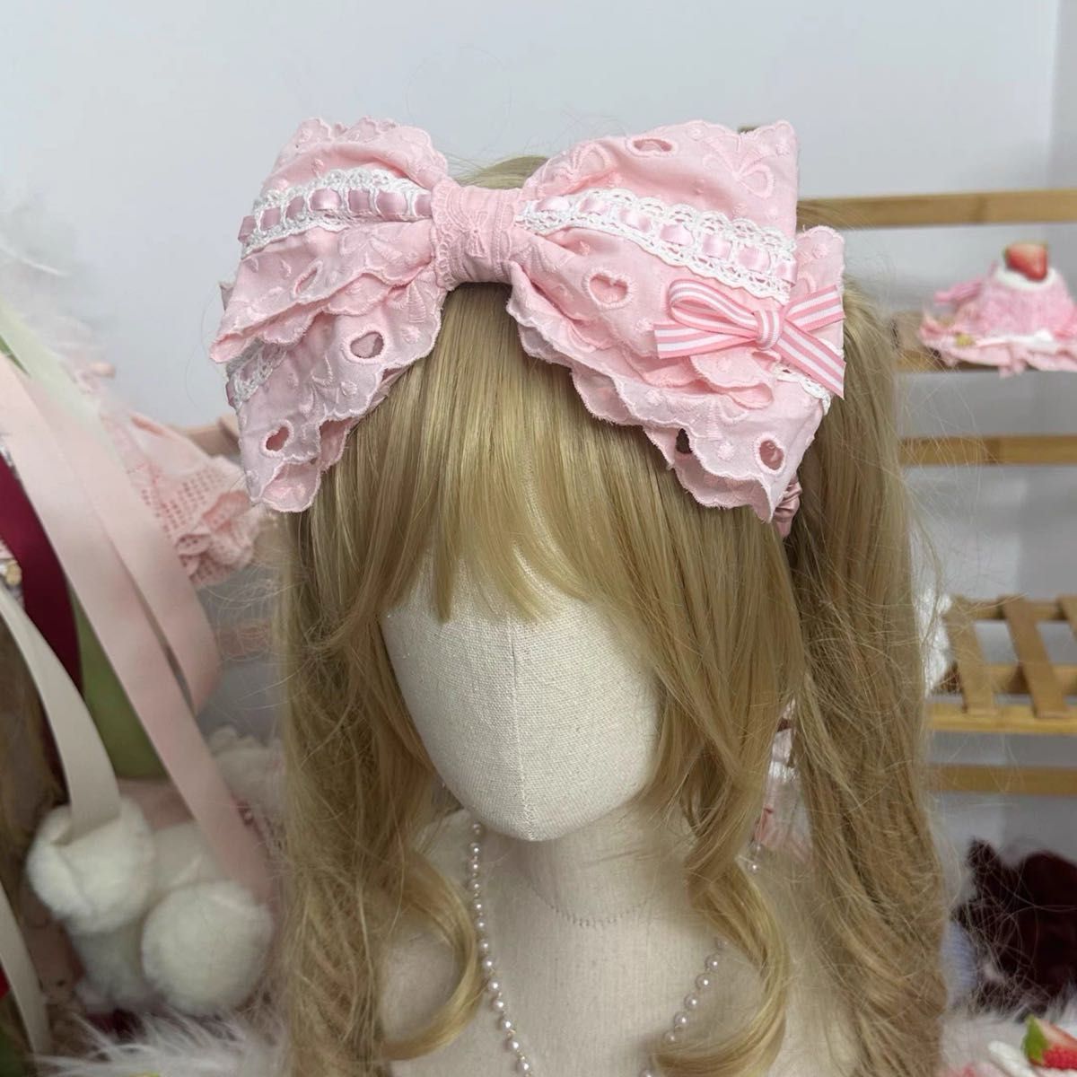 Preview of ロリータ コットン レース リボン カチューシャ ピンク ヘッドドレス 可愛い
