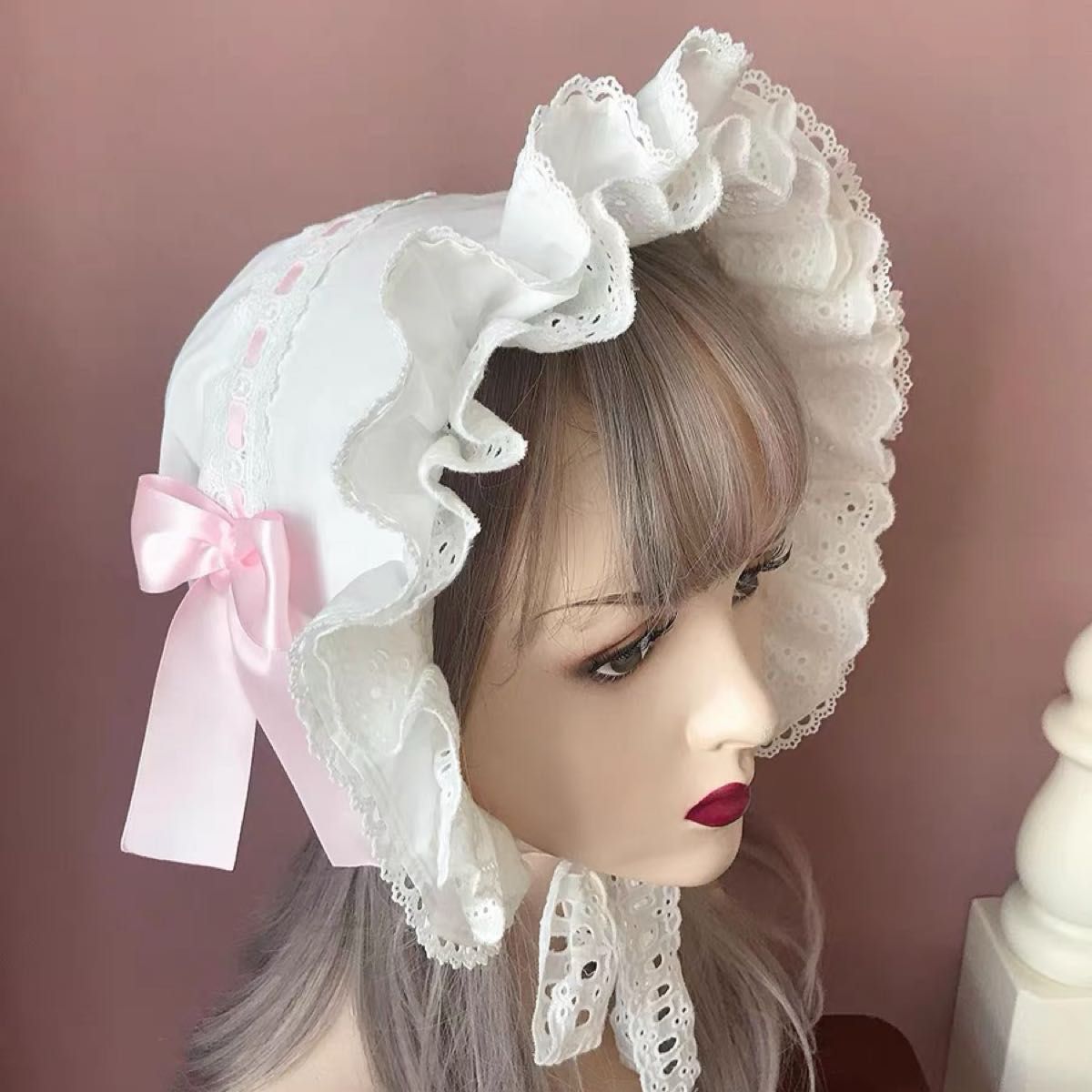 Preview of ロリータ ホワイト ピンク リボン ボンネット 帽子 クラロリ レース 可愛い 新品 白