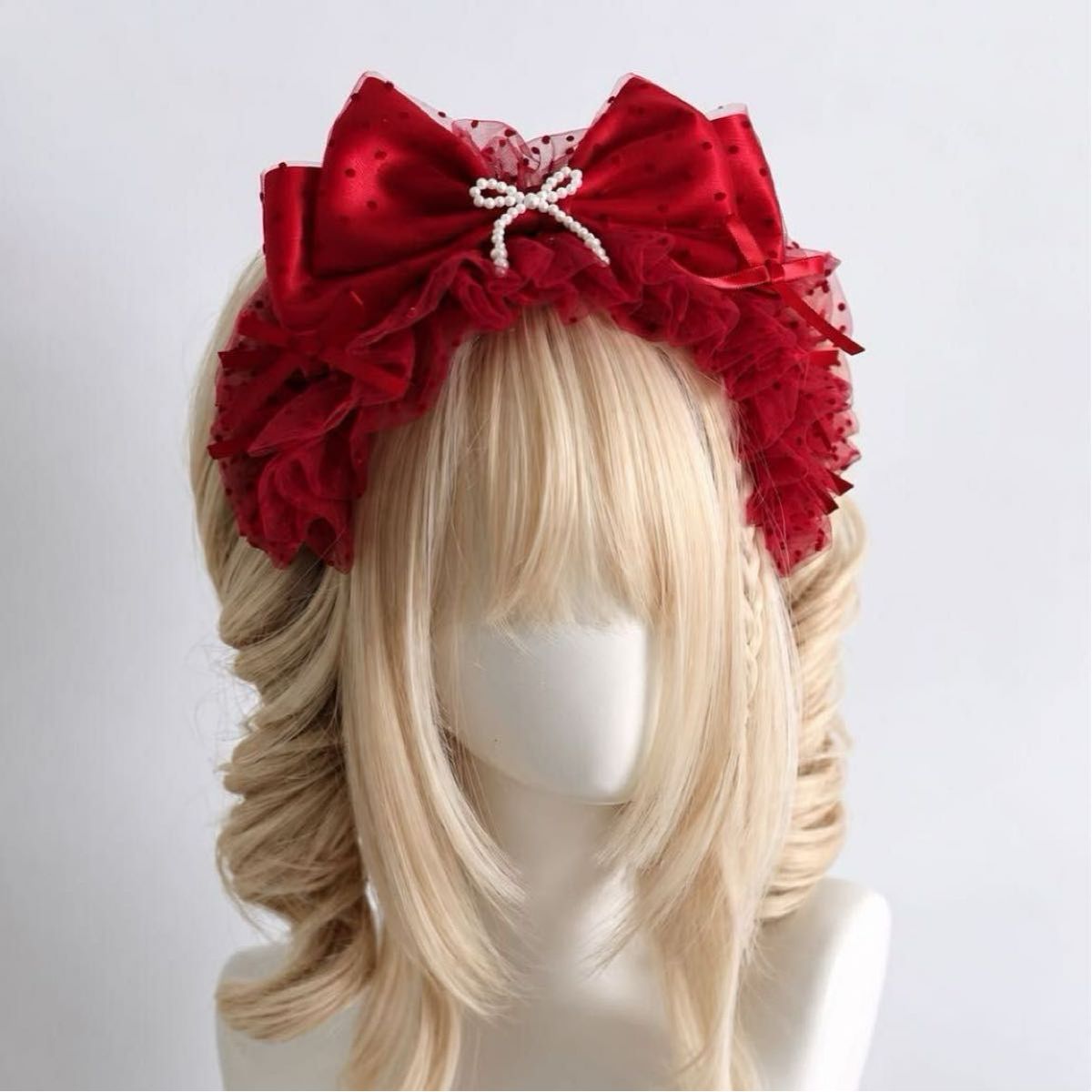 Preview of 赤 ドット リボン カチューシャ ヘッドドレス かわいい ロリータ チュール レッド アイドル ボルドー レース