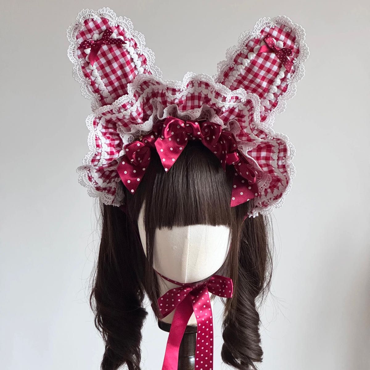 Preview of 赤 ギンガムチェック うさ耳 ボンネット ロリータ 可愛い ヘッドドレス 新品