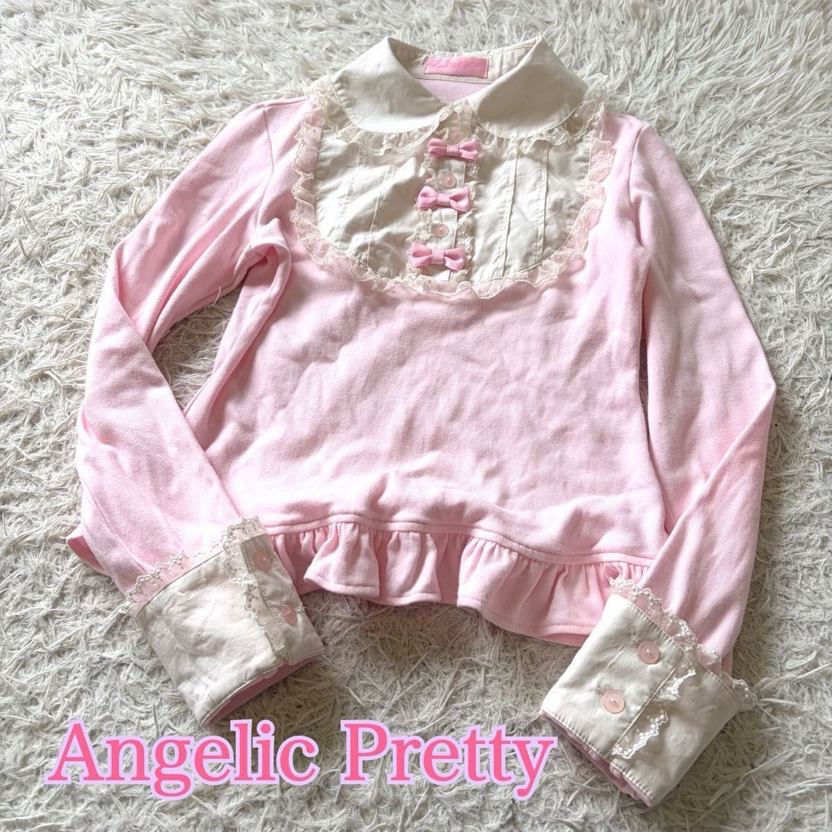 Preview of Angelic Pretty Triple Ribbon Round Panel Long Sleeve Cut and Sew Top, Pink Lace