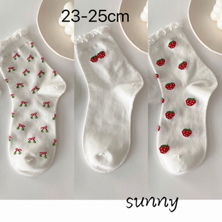 Preview of 0610XXL Strawberry Pattern Lolita White Socks Cotton Fabric 3 Pairs