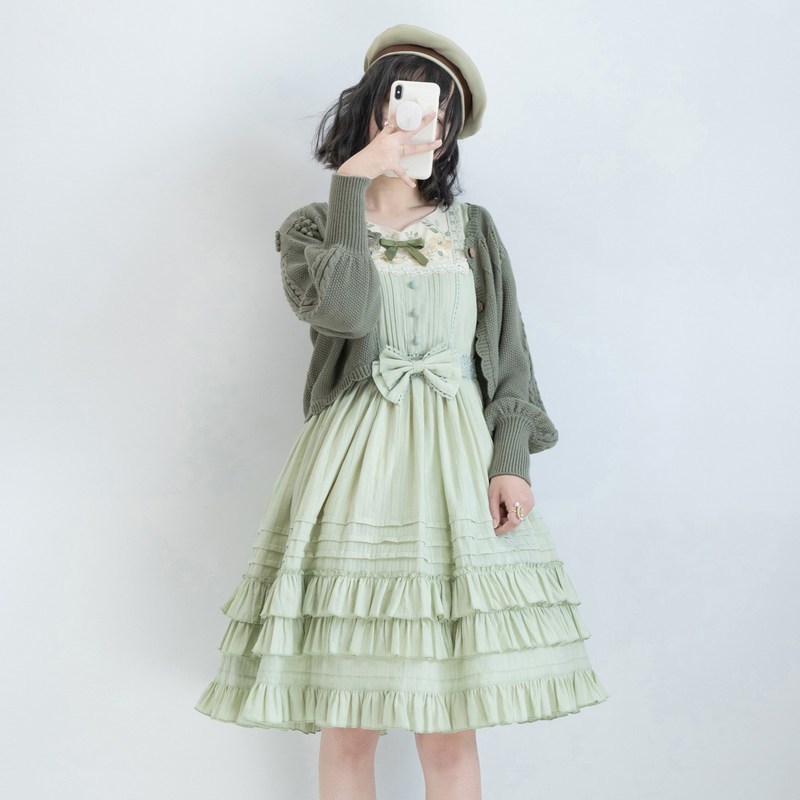 Preview of Lolita Jumper Skirt, Spring/Summer New Arrival, Mori Girl Classic Dress, One-Piece Dress with Headpiece, Available in 4 Colors, Embroidered Ribbon, Classic Lolita, CLA