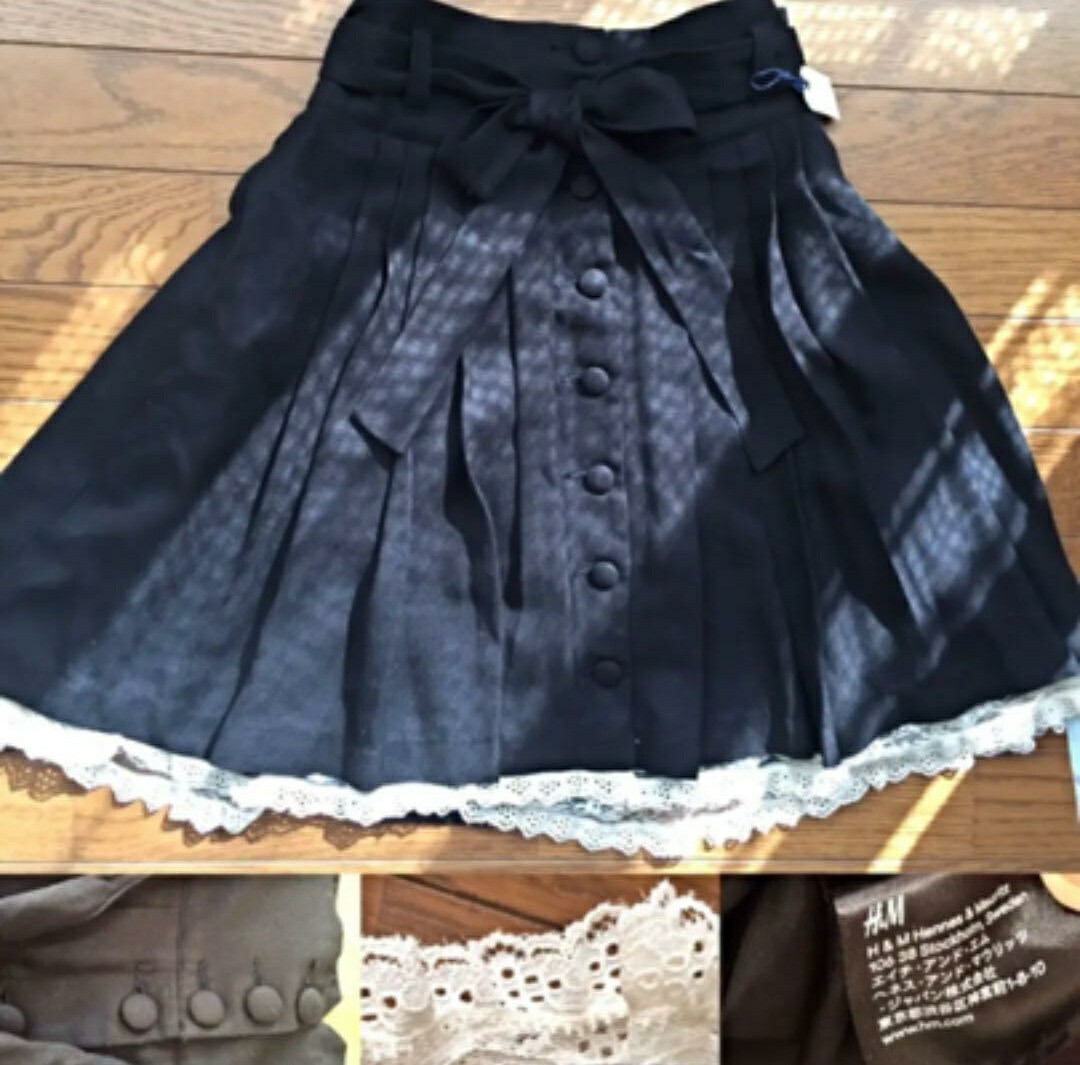 Preview of H&M ブラック 黒 スカート ゆめかわ ロリータ フリル 幅広ウエスト プリーツ スカート