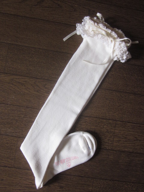 Preview of BABY, THE STARS SHINE BRIGHT Ribbon-Threaded Lace Over-Knee Socks, Off-White, Baby Socks