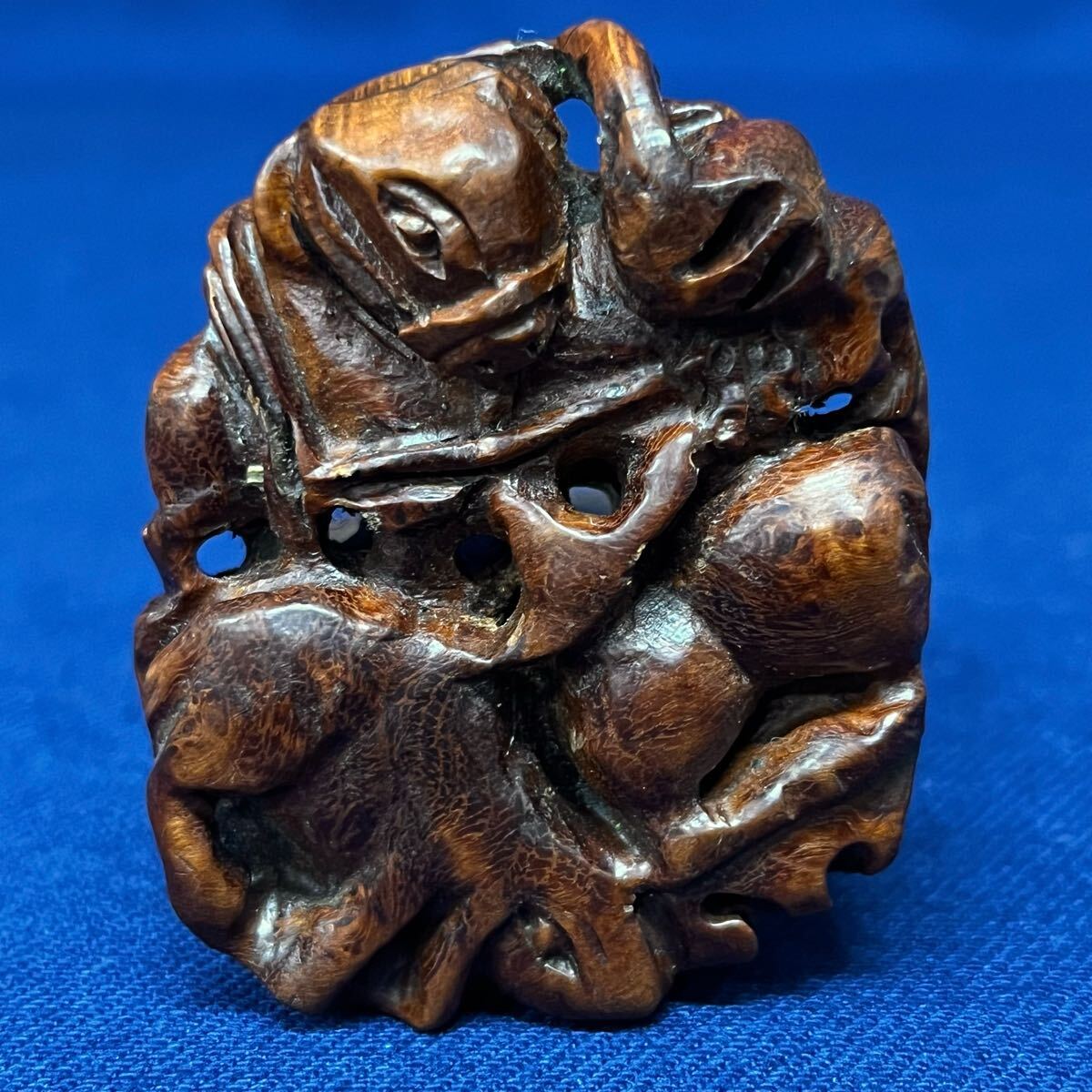 木製彫刻印籠 約15cm 木彫印籠•獅子根付 江戸期骨董品 つみ