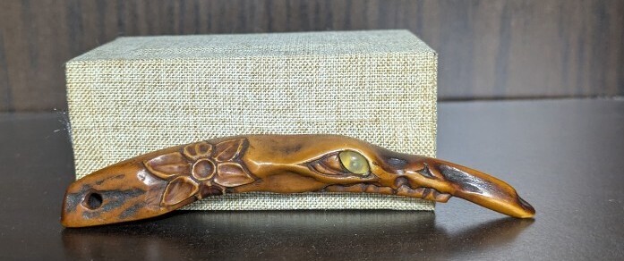 根付栗木彫パードック紅木彫刻 小物 煙草入れ鹿角ストラップ