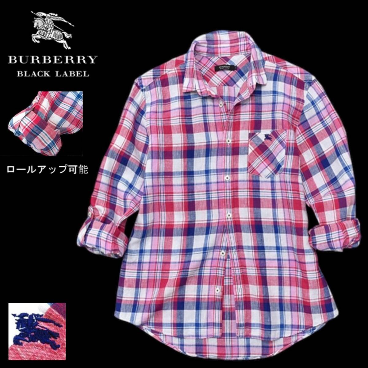 BURBERRY LONDON リネン混 長袖 ロールアップ シャツ ホースロゴ BURBERRY - BURBERRY LONDON リネン混 長袖 ロールアップ シャツ