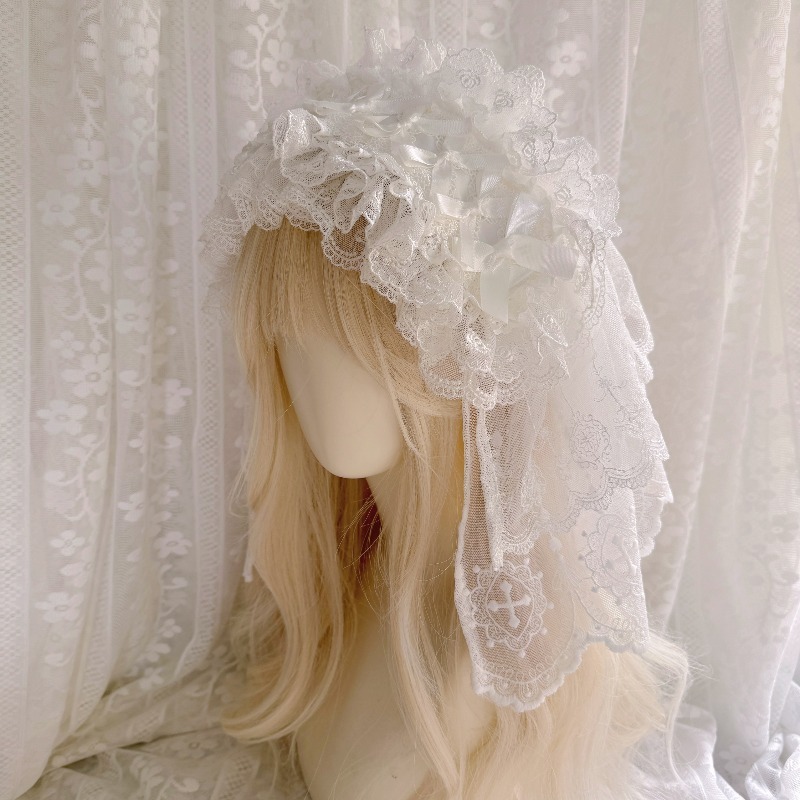 Preview of ロリータ Lolita ヴェール付き ヘアバンド ヘッドドレス ウエディングベール クラロリ ゴスロリ 甘ロリ 髪飾り 十字架 ヴェール レース