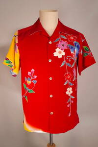 メンズ アロハ シャツ M 正絹 紅型のアロハ ハンドメイド シルク 和柄 着物 リメイク　hoihoikeiki