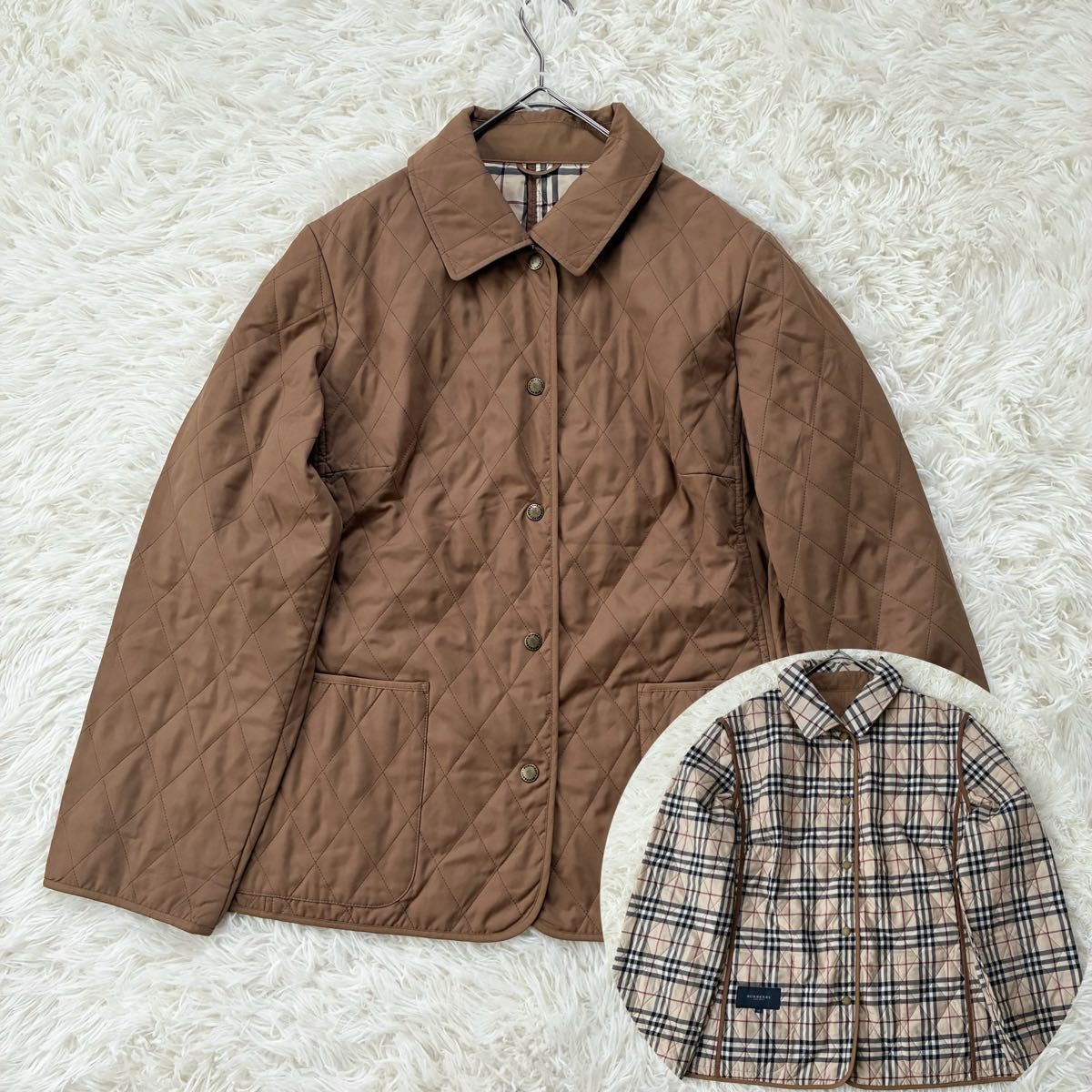 美品✨バーバリー レザーコート ダブル ノバチェック キルティング L ブラウン バーバリーロンドン BURBERRY LONDON キルティングコート ノバチェック