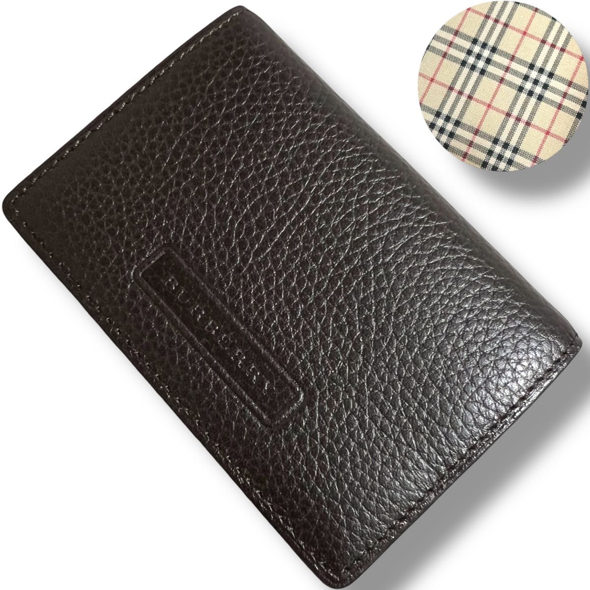 美品 バーバリー ダークブラウン レザー 名刺入れ ノバチェック シボ