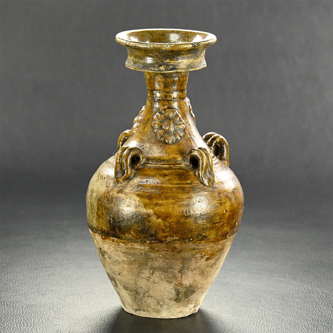 時代物 骨董品 古銅唐子花器 置物　在銘 吉】CO205 唐物 【漢代】 灰釉 双耳壷 大花瓶 高33㎝／本物
